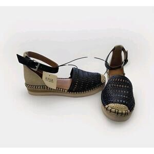 Nib A.N.A. Clara Black Beige Espadrille Low Wedge Ankle Strap Sandals Size 10 M